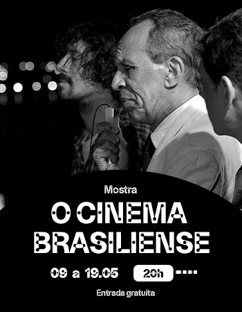 foto preto e branco de homem com cabelos curtos, grisalho, com entrada e camisa branca. texto: mostra o cinema brasiliense. 9 a 19 de maio, às 20h, entrada gratuita.